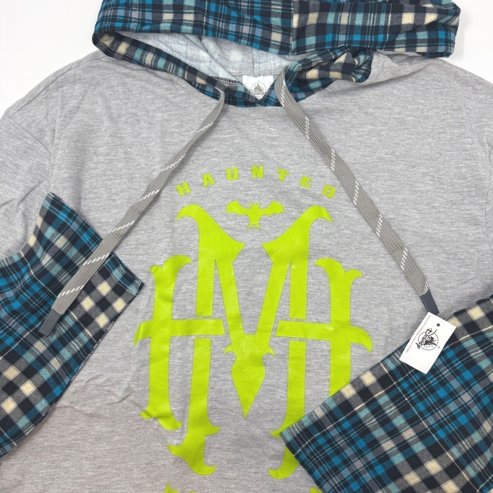 Disney Haunted Mansion Mens Large Blue Plaid Layered Hoodie Graphic Shirt NEW